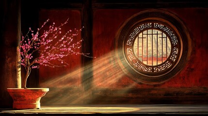 Poster - A red room featuring a round table adorned with Asian design elements, including a blossoming branch