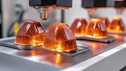 Poster - Close-Up of High-Tech Laser Equipment Creating Intricate Orange Resin Shapes in a Modern Manufacturing Facility with Precision Engineering Techniques