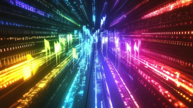 Vibrant Abstract Digital Background with Colorful Lines and Visual Sound Waves Representing Data Stream and Technology Innovation