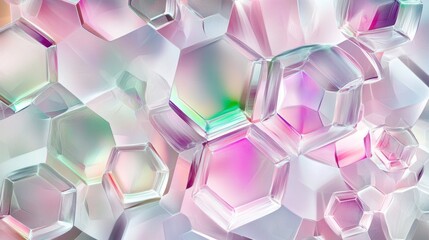 Poster - Abstract Colorful Iridescent Hexagonal Shapes and Bubbles in a Bright Modern Background for Creative Designs and Visual Arts