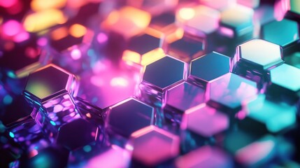 Poster - Abstract colorful hexagonal pattern with reflective surface featuring vibrant neon lights creating a mesmerizing background for digital art and design projects.