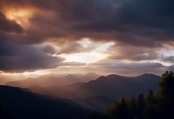 Wall Mural - paint mountains sunrise filled sky rays dramatic clouds lig sunset