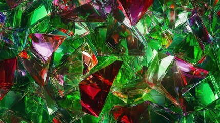 Poster - Vibrant Close-Up of Multi-Colored Crystal Gems Reflecting Light, Creating a Kaleidoscope Effect with Shimmering Green, Red, and Clear Colors