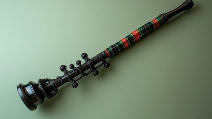 Ornate black musical instrument with colorful accents on a green background.