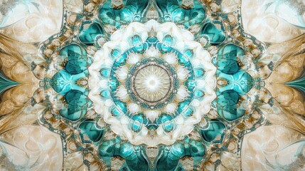 Poster - Ethereal Mandala Pattern with Swirling Turquoise and Cream Tones Featuring Intricate Symmetry and Detailed Textures for Abstract Art Enthusiasts