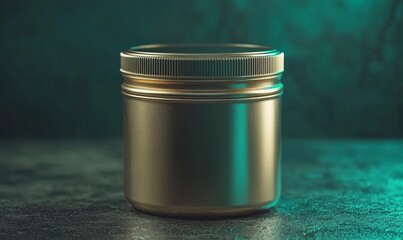 Poster - On a black countertop, a shiny gold canister is situated in front of a dark, industrial kitchen setting