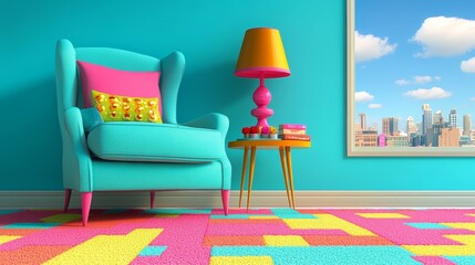 Poster - Sunlit space featuring an empty chair and table against a wall, decorated with a geometric painting, suitable for design or lifestyle displays