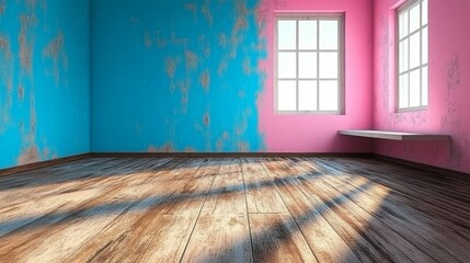 Poster - A calm minimalist interior featuring pastel-toned walls and a corner bench bathed in sunlight