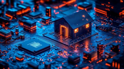 Poster - A miniature dwelling sitting on a gleaming circuit board, reflecting technology