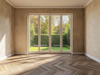 A room with a large window and a wooden floor