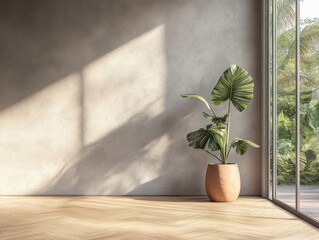 A plant is in a vase in a room with a window