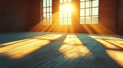 Poster - The sun casts light into a vacant room with hardwood floors and three large windows