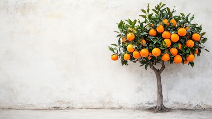 Ripe oranges on a small tree against a textured wall.