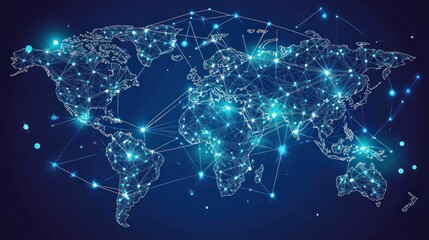 Poster - Abstract Network Visualization of the World Map with Dynamic Lines and Dots Representing Global Connections, Communication, and Technology Integration