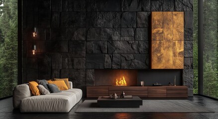 Poster - A contemporary minimalist living space with a fireplace, sofas, and artwork