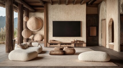Poster - In a minimalist modern style, the living room includes a wooden dining table, integrated shelves, and significant windows
