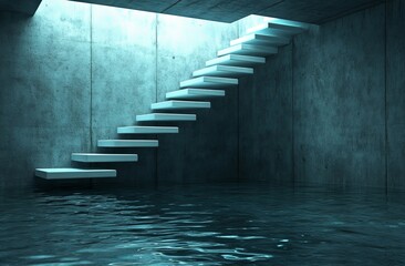 Poster - In a minimalist white setting, an infinity pool is enhanced by stairs and abundant sunlight