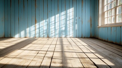 Poster - Sunken in sunlight, an empty room has light blue walls and a wooden floor