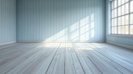 Poster - An unoccupied space with walls painted in a light blue wood finish and a white floor