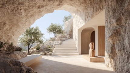 Poster - A contemporary living space boasting a unique sculptural wall and arch-shaped doorways
