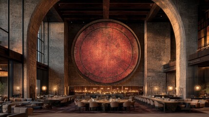 Poster - In this modern minimalist living room, a terracotta sofa stands out against arched walls and natural textures