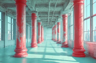 Poster - Red beams, white walls, high ceiling, large windows, spacious interior, empty room, wooden floor, bright sunlight, architectural design, modern interior, industrial style