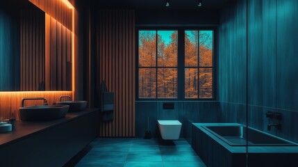 Poster - A sleek dark bathroom illuminated by warm lights, adorned with plants, and decorated with simple fixtures