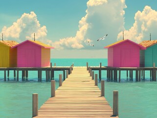 Perfect summer vacation vibes with colorful seaside cottages, a wooden pier, seagulls soaring above, and the blue sky overhead