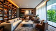© mochalfin - Luxurious apartment living room with city view, bookshelf, and comfortable seating