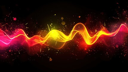 Poster - Dynamic Abstract Waveform Design with Vibrant Red, Yellow, and Pink Light Trails on a Black Background for Creative Projects and Visual Arts