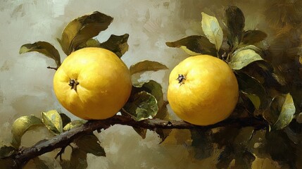 Wall Mural - Two vibrant yellow apples resting on a leafy branch, rendered in exquisite brushstroke style that emphasizes their natural beauty and lifelike texture within a refined composition