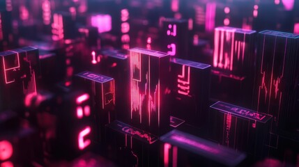 Wall Mural - Abstract futuristic cityscape with tall, glowing digital skyscrapers in vibrant pink and purple hues, evoking a sense of advanced technology and innovation in a cyberpunk world.