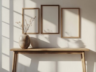 Wall Mural - A wooden table with three empty picture frames on it