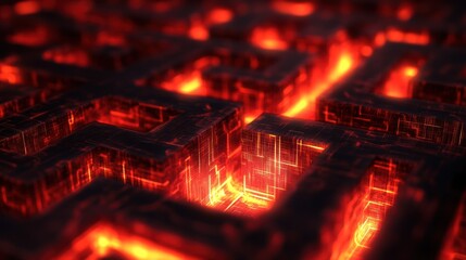 Poster - Abstract Maze Structure with Bright Glowing Lines and Shadows in Dark Environment, Conveying Depth and Complexity in a Futuristic Design Aesthetic