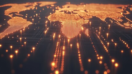Poster - Abstract representation of a digital world map illuminated with glowing golden dots, showcasing networks and connections across continents in a high-tech style.