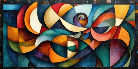 Wall Mural - Colorful Abstract Geometric Art with Curved Shapes and Dynamic Overlapping Patterns Creating a Visual Harmony and Intricate Design in a Vibrant Composition of Modern Art