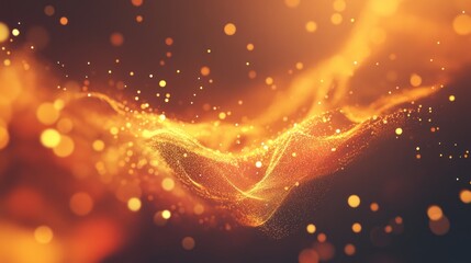 Poster - Abstract golden wave with glowing particles floating in a mystical atmosphere, creating an enchanting and vibrant background for artistic and creative projects.