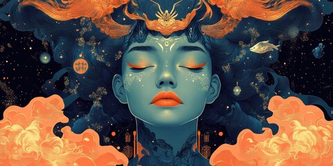 Poster - Surreal Portrait of a Woman with Eyes Closed Amidst Dreamlike Celestial and Oceanic Elements Infused with Vivid Orange and Deep Blue Hues