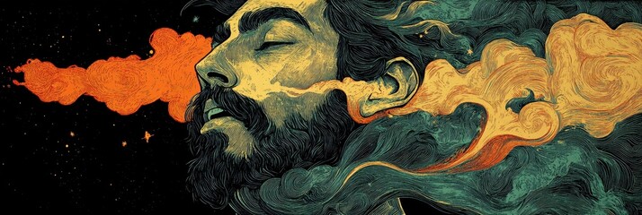 Poster - Artistic portrayal of a bearded person with eyes closed, showcasing swirling abstract patterns and vibrant colors merging seamlessly around the face in a surreal dreamlike setting