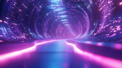 Poster - Futuristic Neon Tunnel with Glowing Lights and Abstract Patterns in a Vibrant Color Palette for Imaginative Backgrounds and Visual Effects