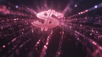 Poster - Abstract representation of digital finance symbol featuring a glowing dollar sign surrounded by vibrant streams of particles and lights, symbolizing wealth and technology fusion