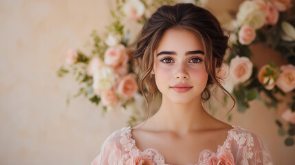 young woman with strong femininity, surrounded by soft floral arrangements, exudes grace and beauty.