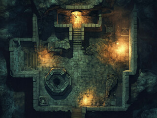 Poster - RPG dungeon map with twisting corridors, traps, treasure rooms