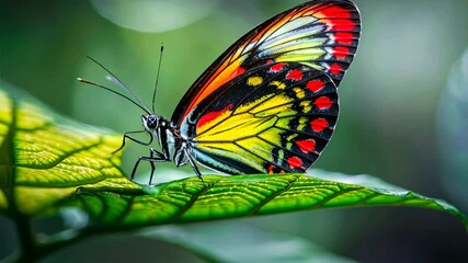 Poster - Colorful Butterfly Close Up Vibrant Insect with Striking Red, Yellow, and Black Wings on Green Leaf, Showcasing Natures Intricate Flora in Macro Detail.