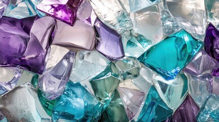Poster - Colorful Fragments of Glass in Various Shapes and Textures Creating an Abstract Background of Purple, Green, and Clear Tones for Design and Art Projects