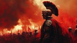 The image captures a powerful scene of an ancient Roman soldier in full armor leading a battalion with a backdrop of dramatic red clouds evoking a sense of impending battle.