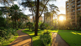 Serene Urban Park in Africa with Lush Greenery, Winding Walking Paths, Sunlight Filtering Through Tall Acacia Trees, and Contemporary Apartment Buildings with African-Inspired Designs