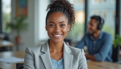 Wall Mural - A cheerful young woman with curly hair smiles warmly in a stylish office, exuding confidence and professionalism. Behind her, a man in headphones is engaged in work, creating a dynamic and