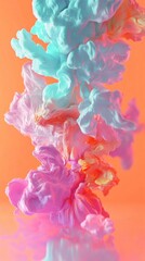 Poster - Vibrant Swirls of Colorful Smoke on an Orange Background Creating a Stunning Abstract Visual with Shades of Pink, Blue, and Purple