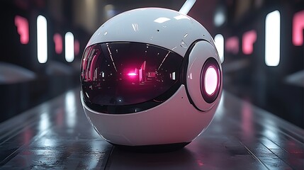 futuristic robot on sleek surface, neon background, ai concept, tech illustration.